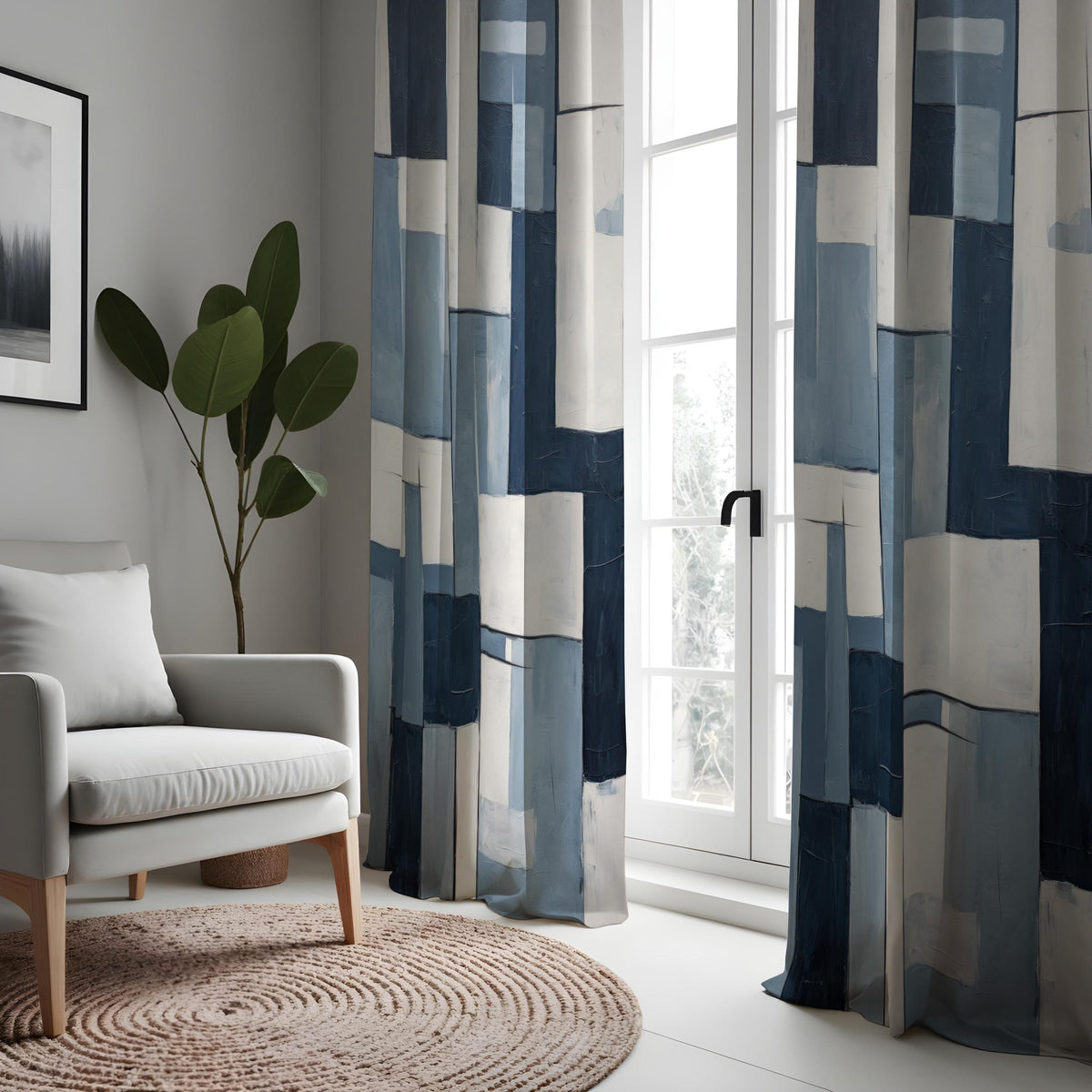 Navy & Ivory Block Pattern Curtains, Modern Custom Drapes