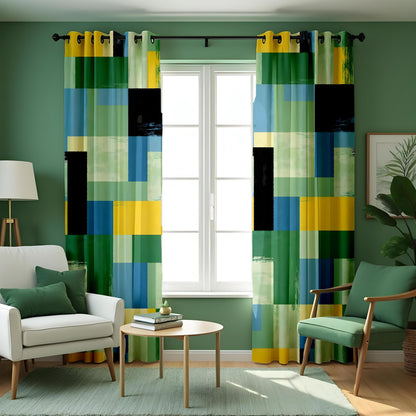 Green Blue Yellow Geometric Curtains, Abstract Window Drapes