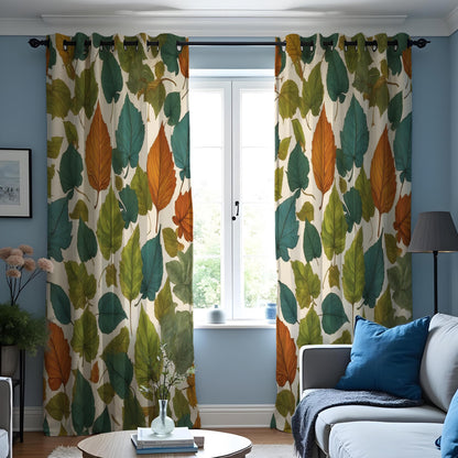 Green & Orange Autumn Leaf Curtains, Botanical Drapes