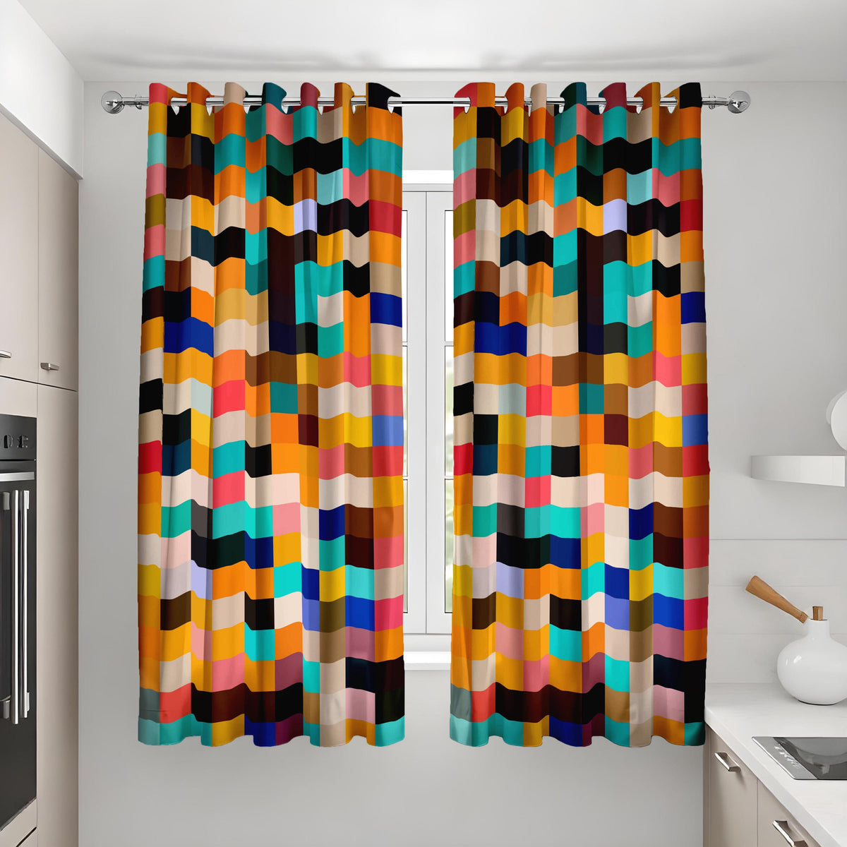 Color Block Wavy Curtains, Multicolor Geometric Drapes