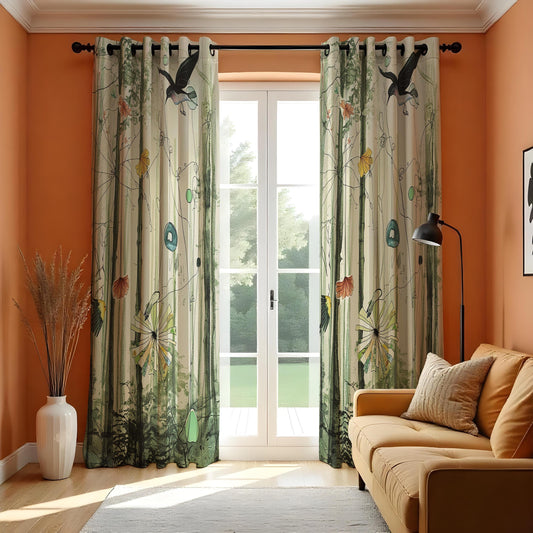 Forest Bird Curtains, Woodland Tree & Leaf Botanical Drapes