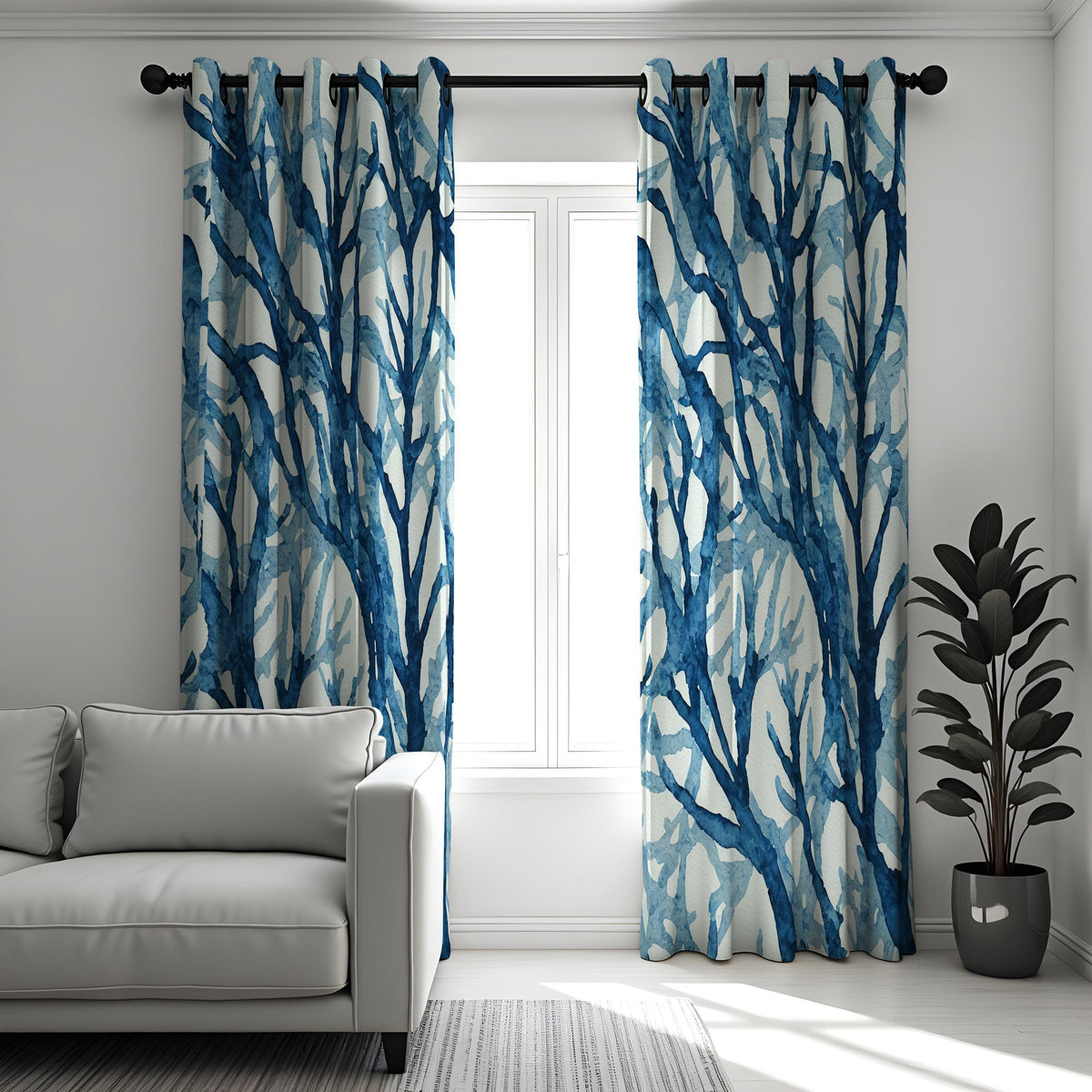 Blue Watercolor Tree Branch Curtains, Forest Botanical Drapes