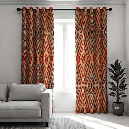 Red Beige Boho Ikat Curtains, Tribal Diamond Window Drapes