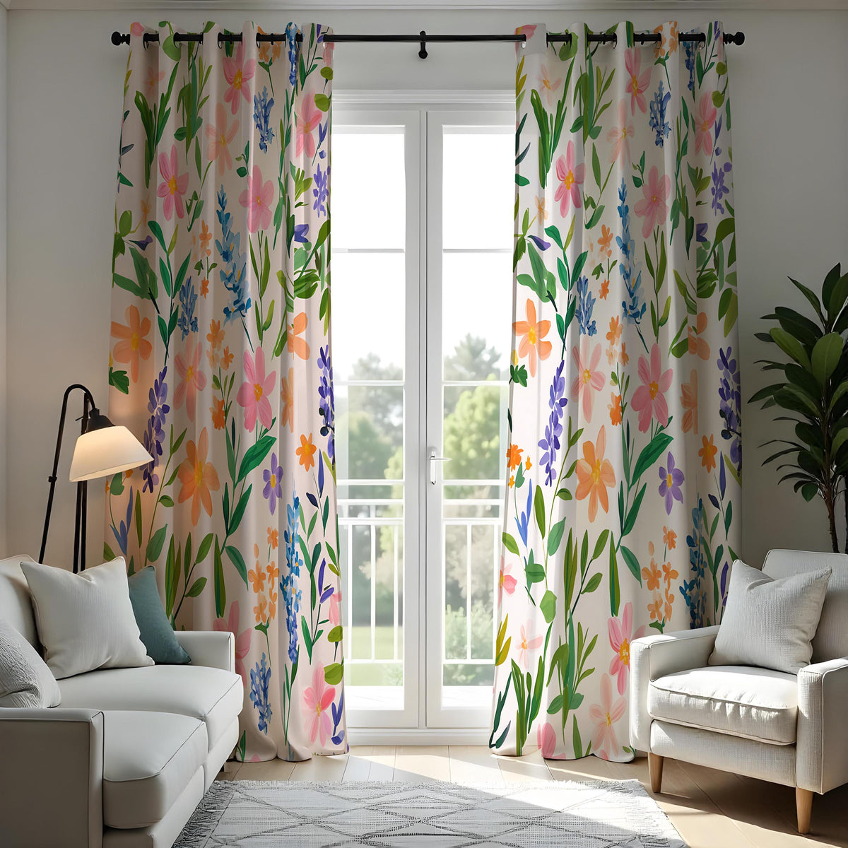 Pink & Blue Wildflower Curtains, Watercolor Botanical Drapes