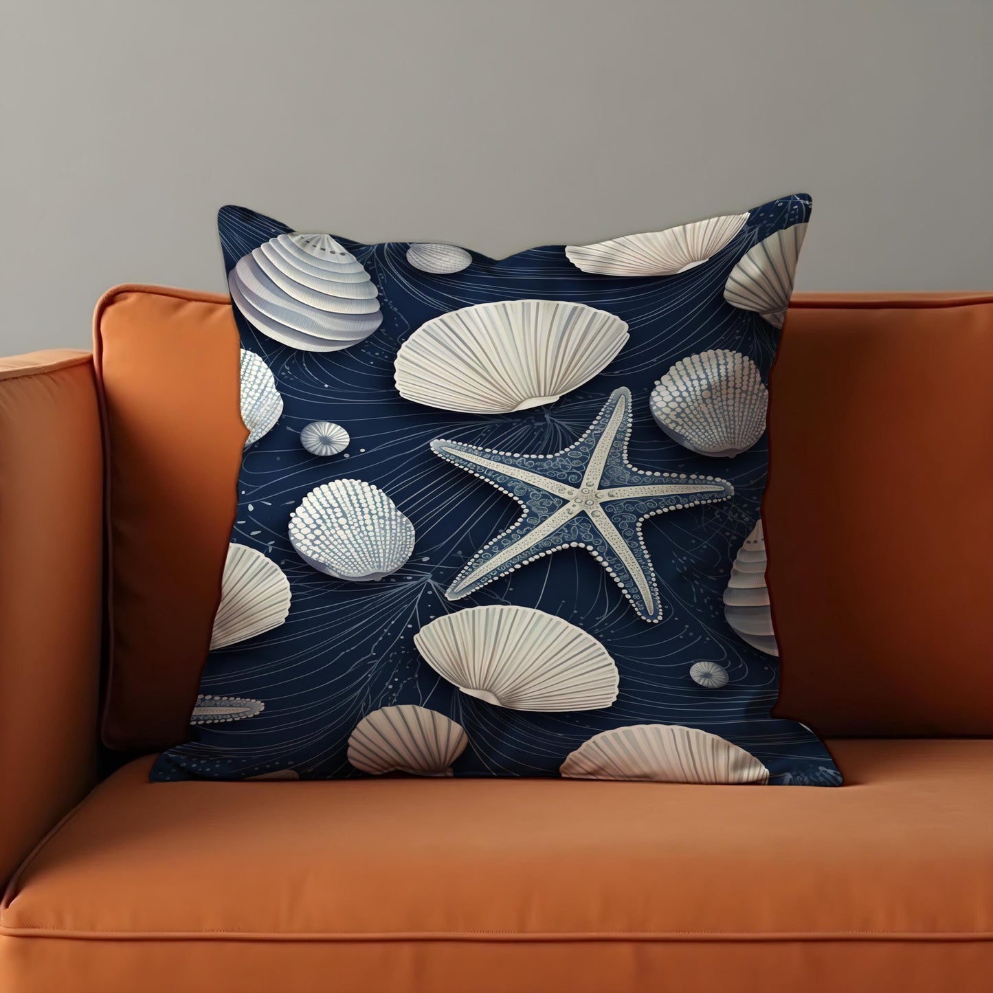 Nautical Seashell Starfish Cushion Cover, Coastal Beach Decor Pillow Case