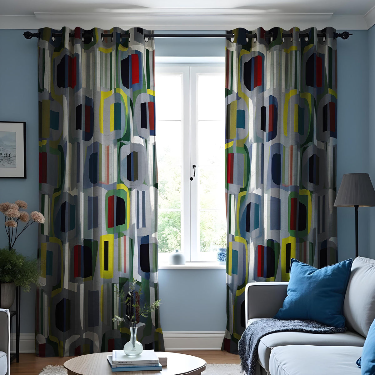 Mid Century Modern Geometric Curtains, Retro Window Drapes