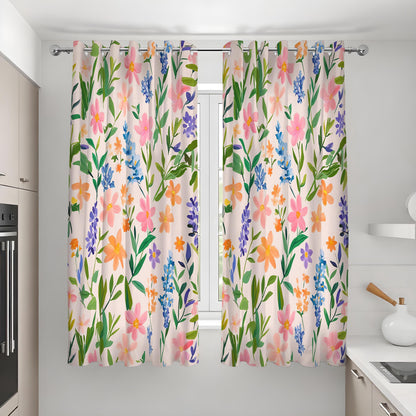Pink & Blue Wildflower Curtains, Watercolor Botanical Drapes