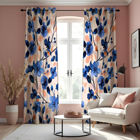 Navy Blue Watercolor Floral Curtains, Peach Accent Drapes