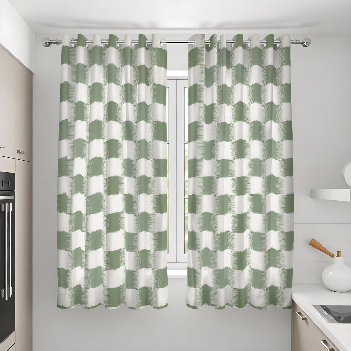 Green & Cream Geometric Block Curtains, Modern Drapes
