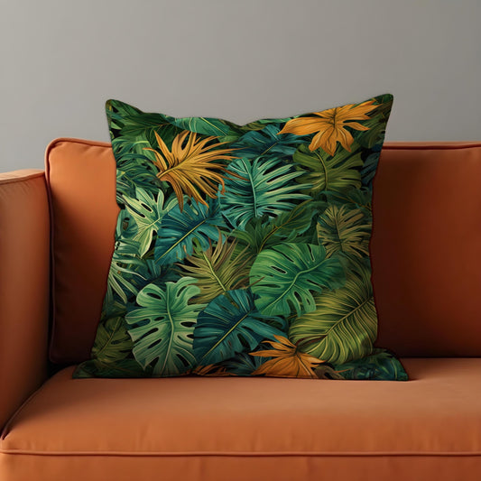 Tropical Leaf Cushion Cover, Green & Mustard Monstera Pillow Case