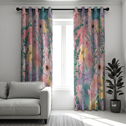 Pastel Pink & Yellow Wildflower Curtains, Watercolor Drapes