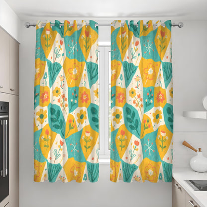 Yellow Teal Retro Floral Curtains, Geometric Flower Drapes
