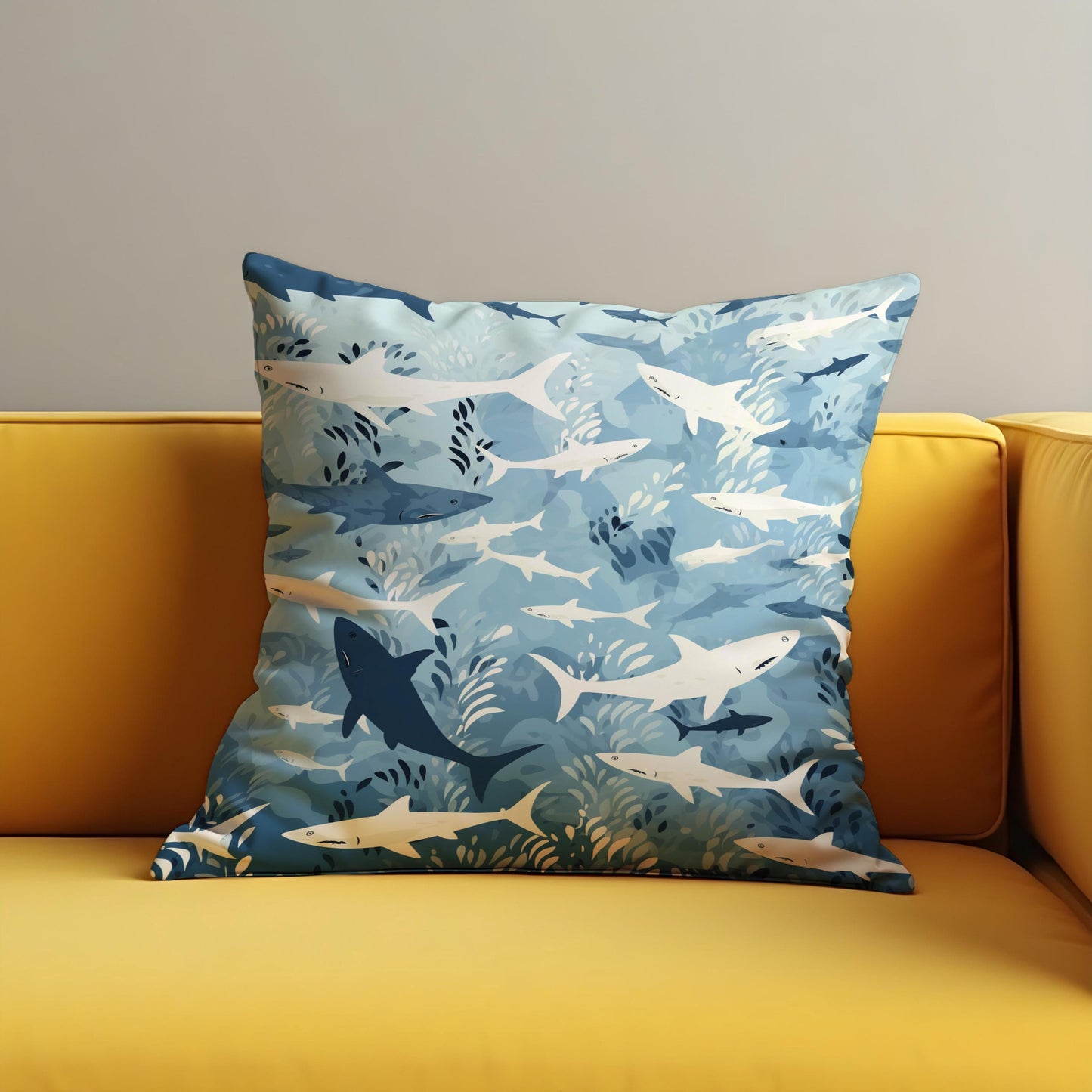 Ocean Shark Cushion Cover, Blue & White Underwater Throw Pillow Case