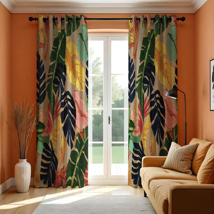 Multicolour Tropical Leaf Curtains, Jungle Foliage Drapes