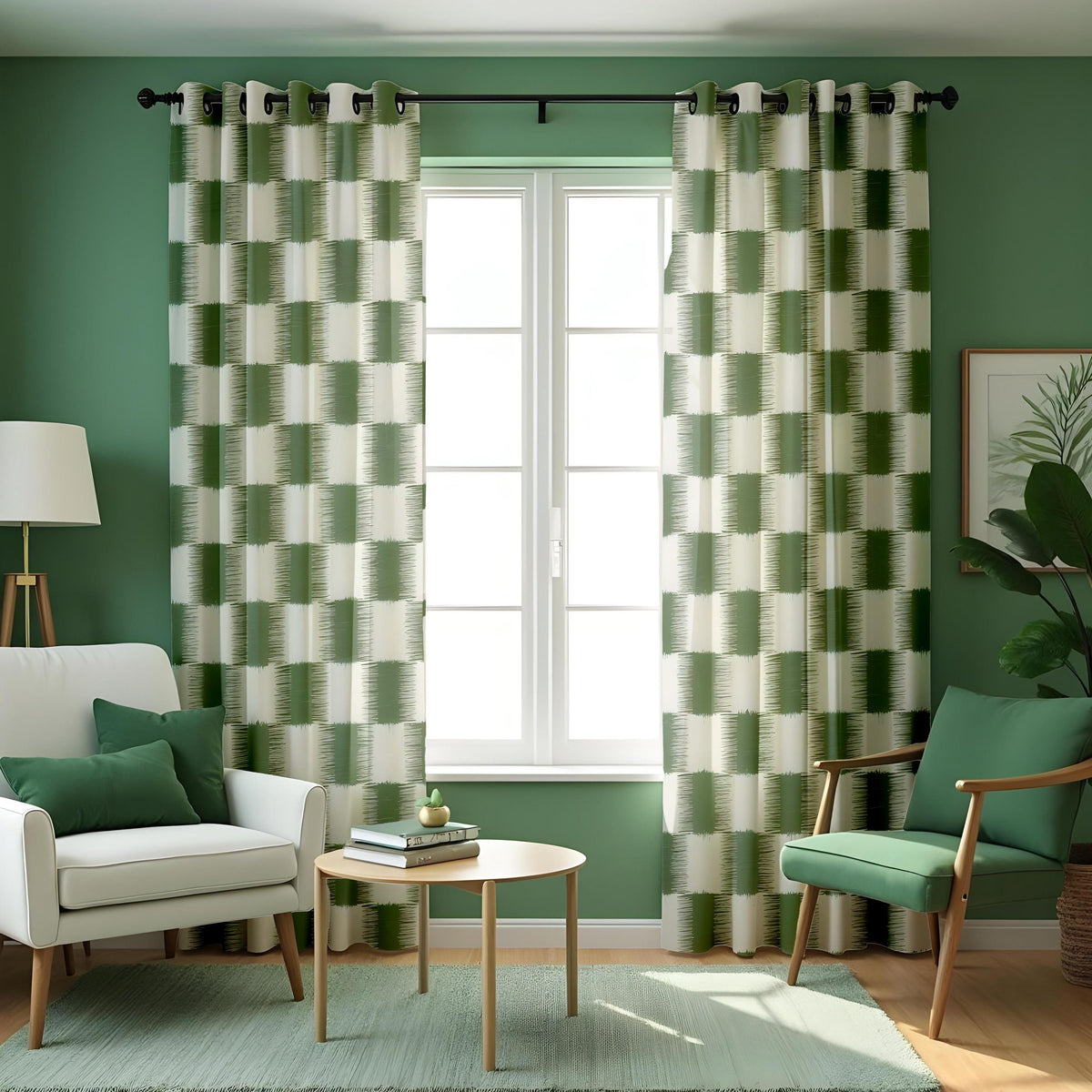 Green & Cream Geometric Block Curtains, Modern Drapes