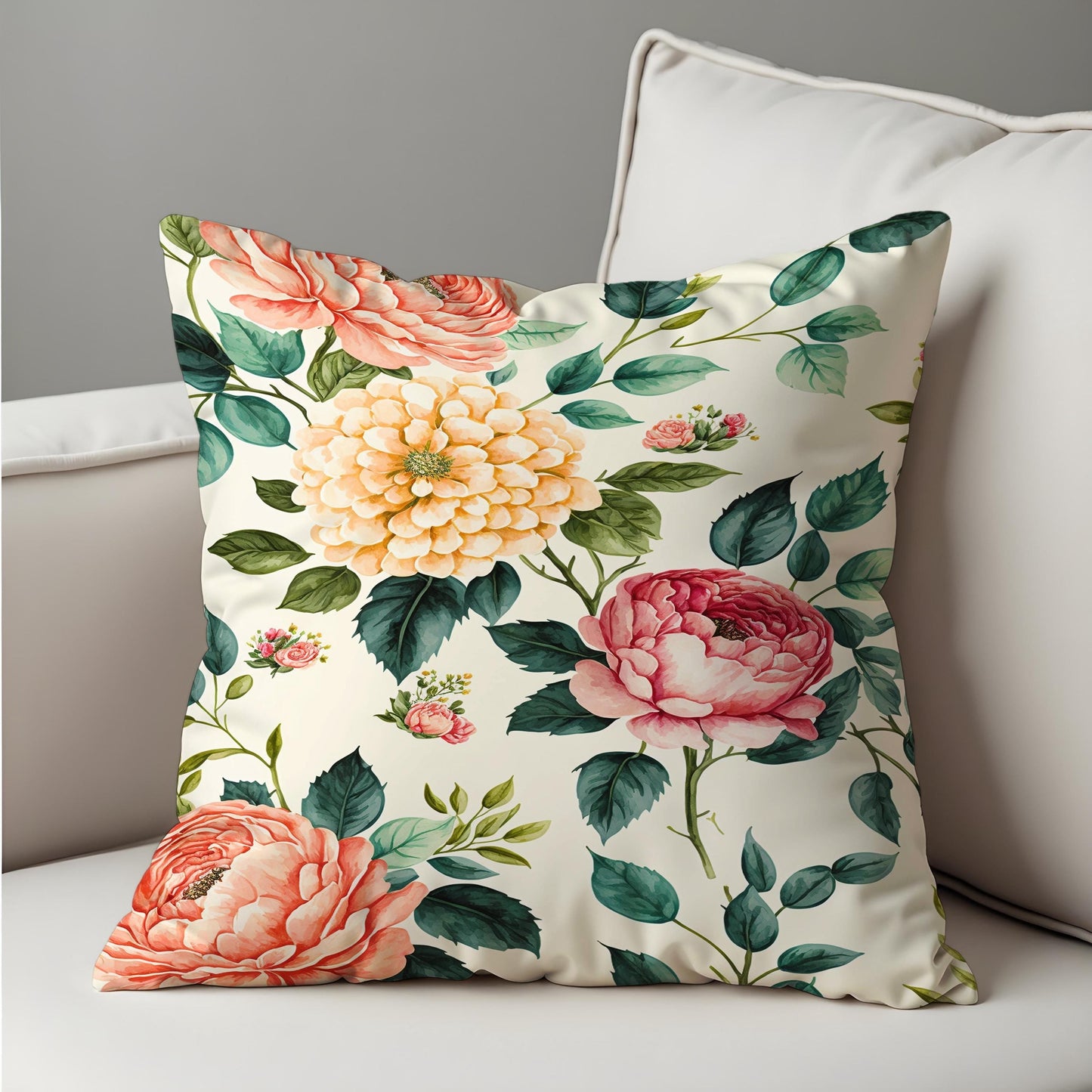 Peony Dahlia Cushion Cover, Blush & Yellow Flowers Throw Pillow Cover