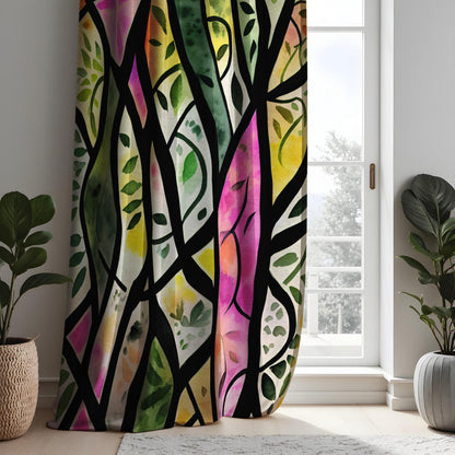 Stained Glass Forest Curtains, Colorful Tree & Leaf Drapes