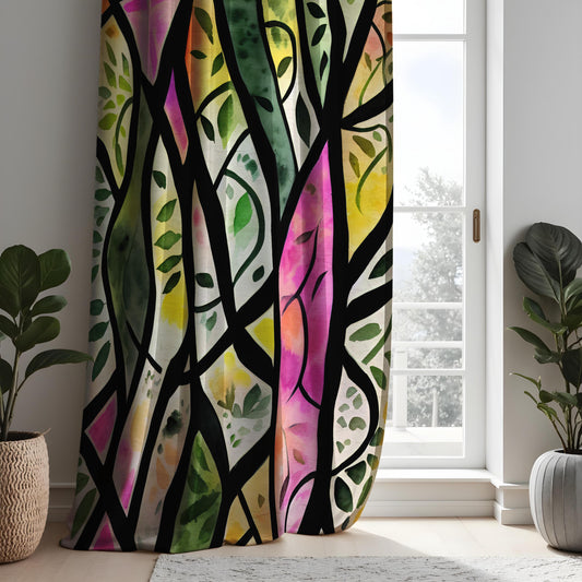 Stained Glass Forest Curtains, Colorful Tree & Leaf Drapes