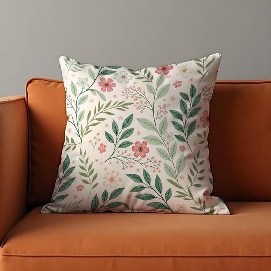 Floral Cushion Cover, Delicate Green Leaves & Pink Flowers Pillow Case