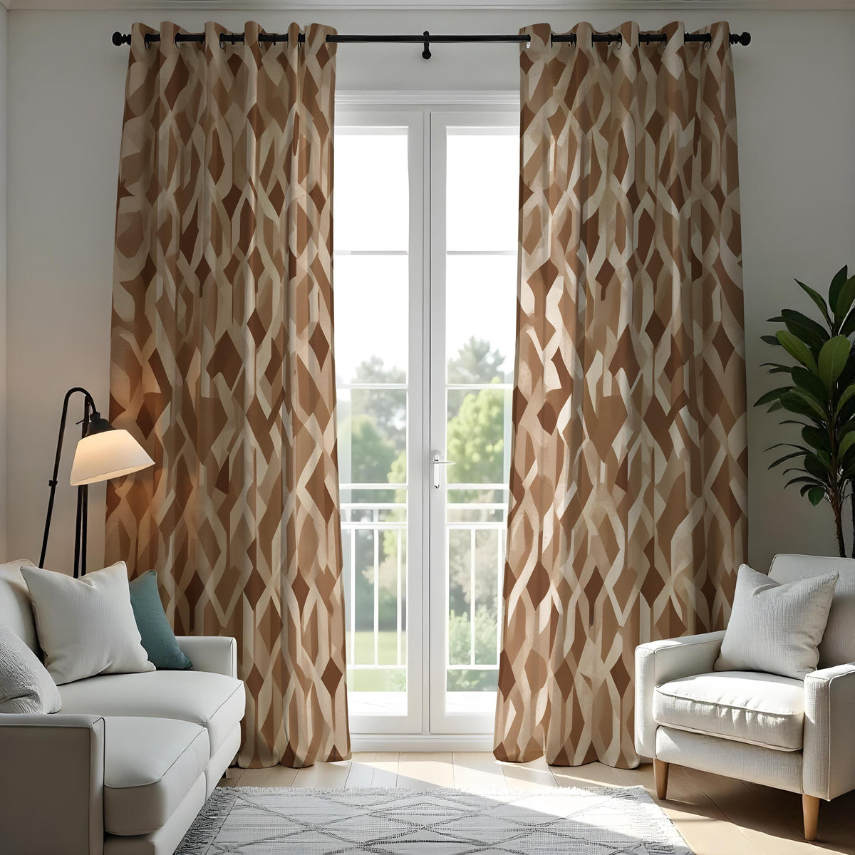 Brown Geometric Curtains, Modern Pattern Custom Drapes
