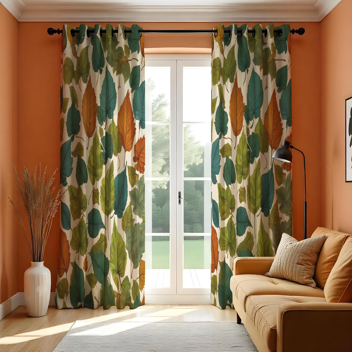 Green & Orange Autumn Leaf Curtains, Botanical Drapes