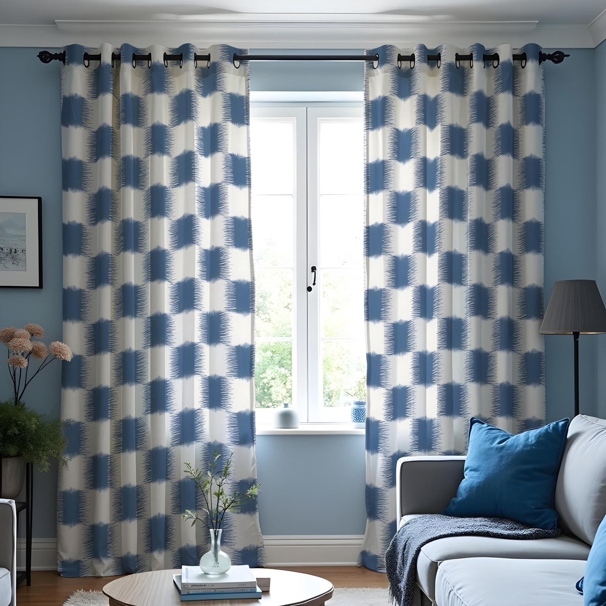Blue Geometric Check Curtains, Modern Custom Window Drapes