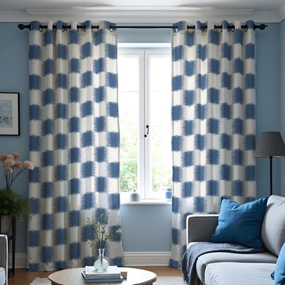Blue Geometric Check Curtains, Modern Custom Window Drapes