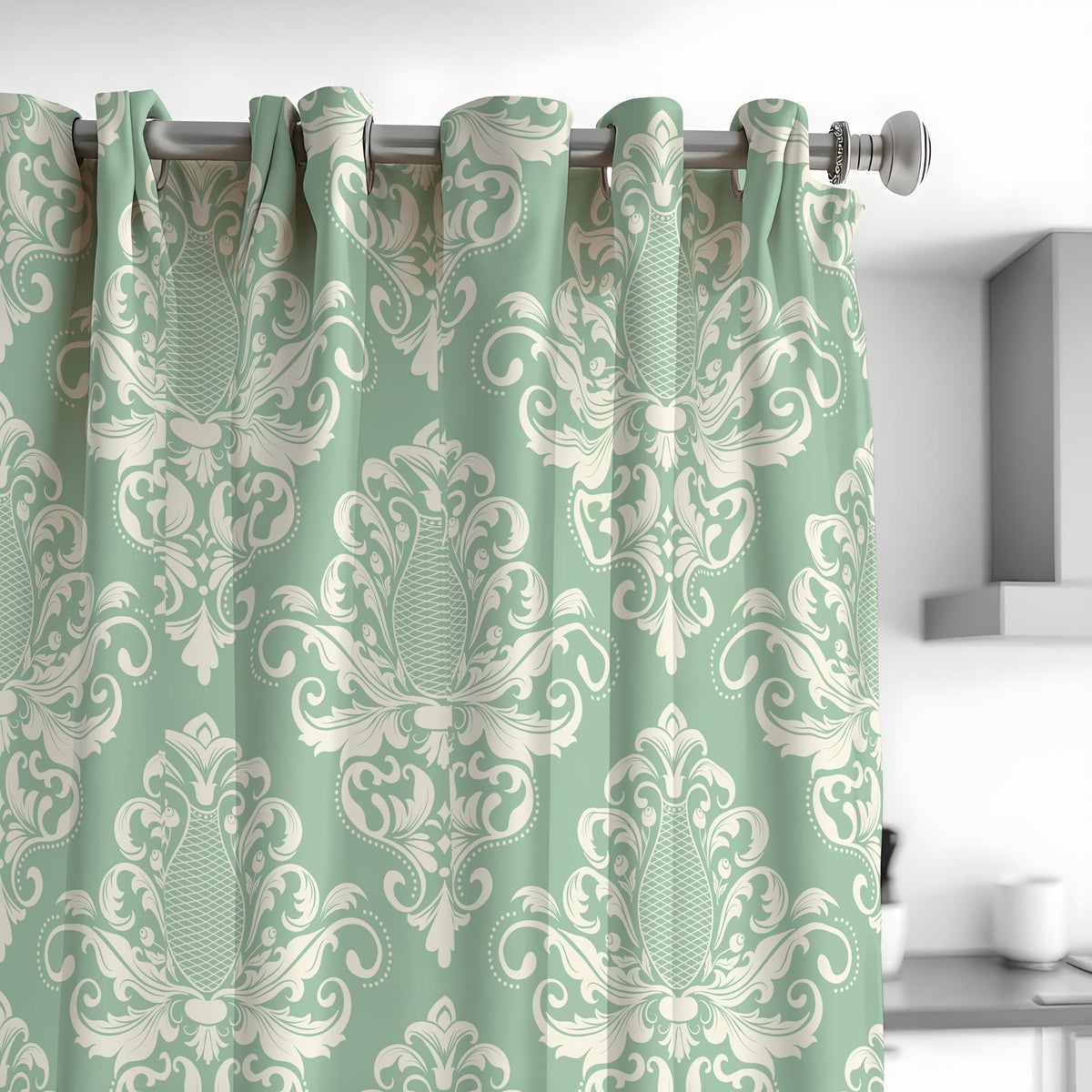 Green Damask Curtains, Traditional Ornate Custom Drapes
