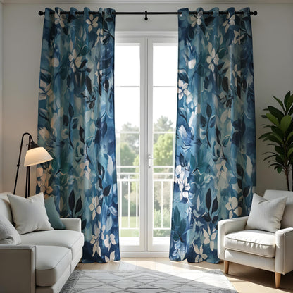 Navy Teal Botanical Leaf Curtains, Modern Custom Drapes