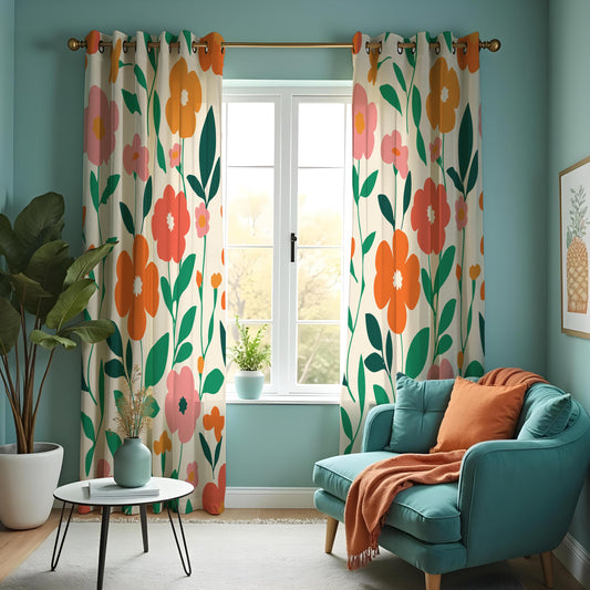 Orange & Green Retro Floral Curtains, Mid Century Drapes