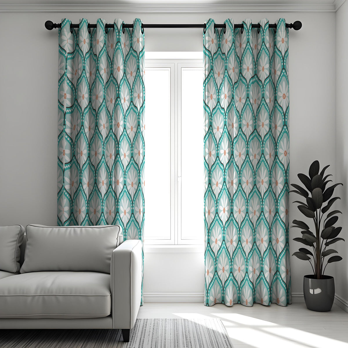 Teal Retro Daisy Curtains, Geometric Floral Window Drapes