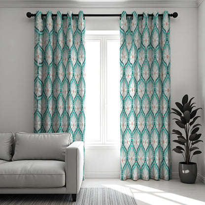 Teal Retro Daisy Curtains, Geometric Floral Window Drapes