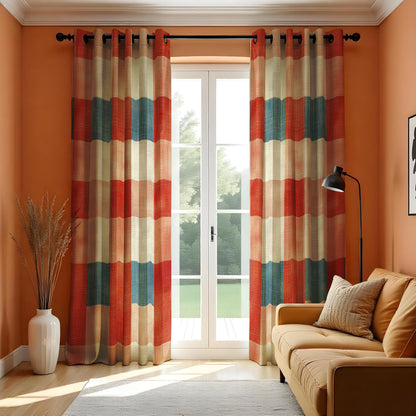 Rustic Earth Tone Striped Curtains, Checkered Boho Drapes