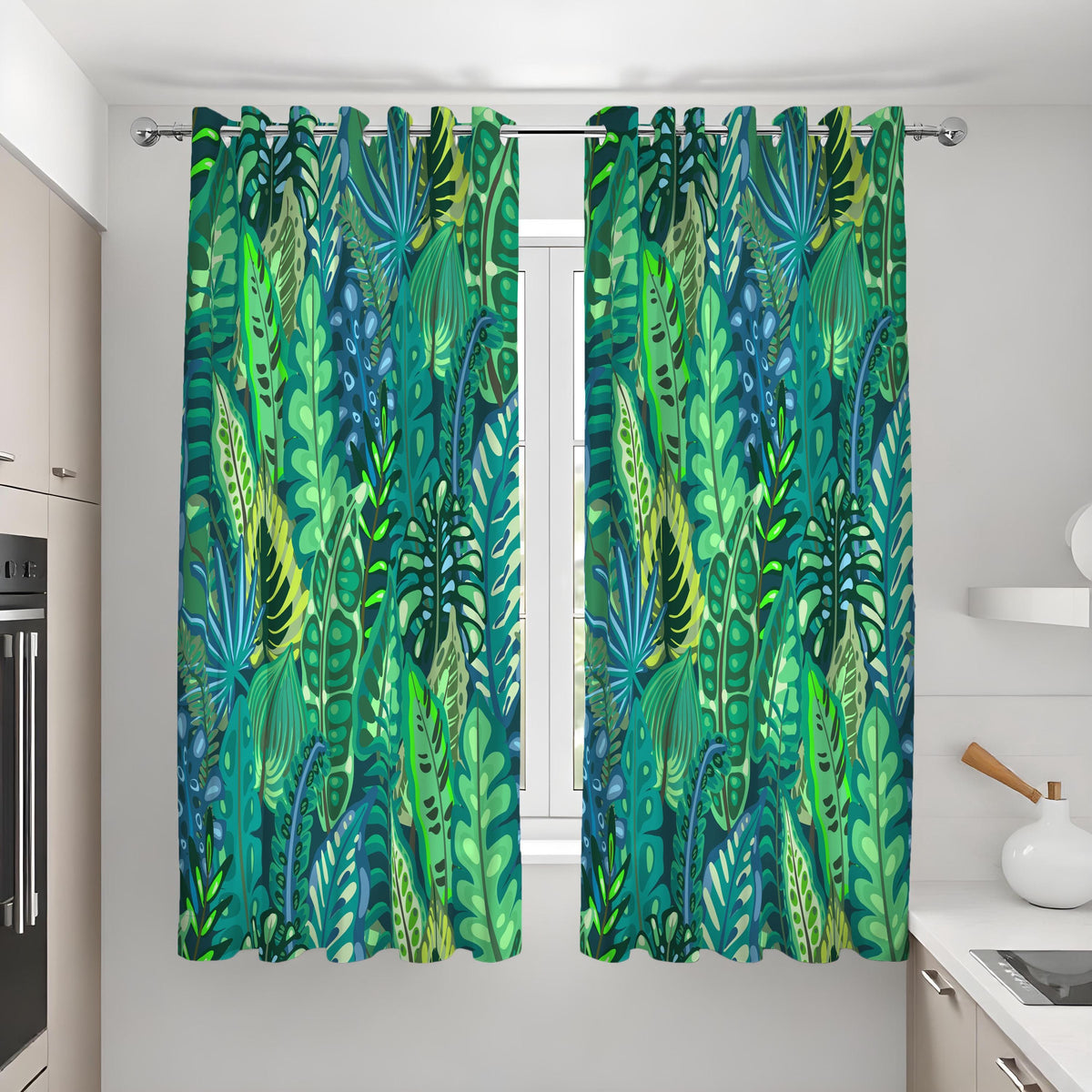Green Jungle Leaf Curtains, Tropical Botanical Window Drapes