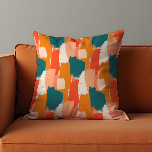 Abstract Brushstroke Cushion Cover, Bold Teal, Orange & Coral Pillow Case