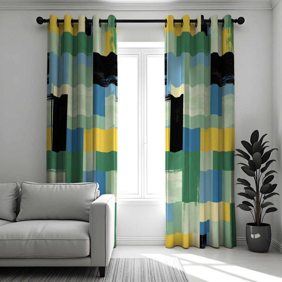 Green Blue Yellow Geometric Curtains, Abstract Window Drapes