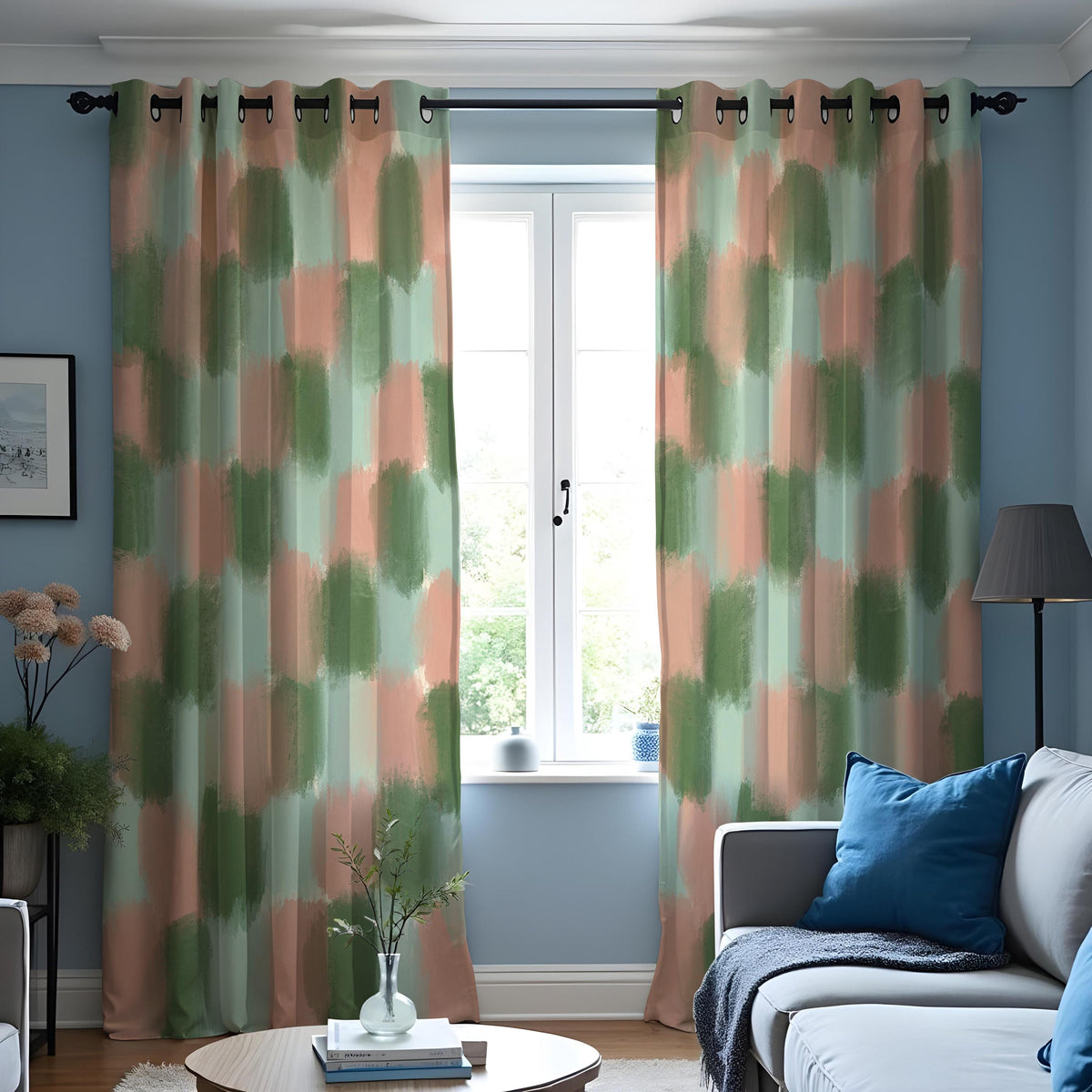Green and Peach Brushstroke Curtains, Abstract Art Drapes