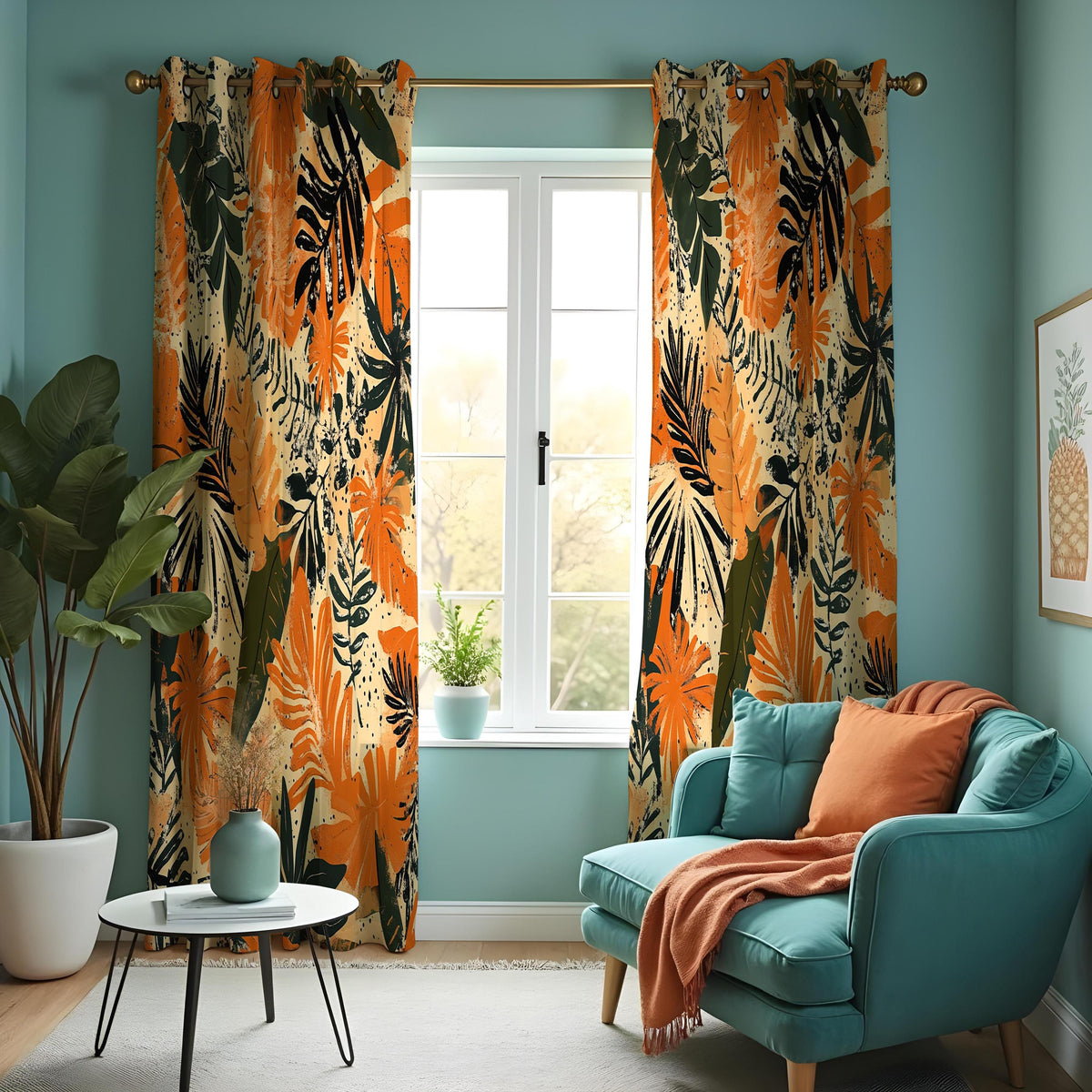 Orange Tropical Leaf Curtains, Jungle Foliage Window Drapes