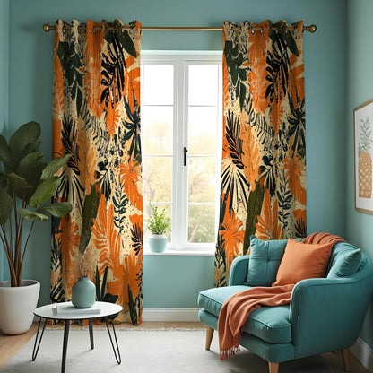 Orange Tropical Leaf Curtains, Jungle Foliage Window Drapes