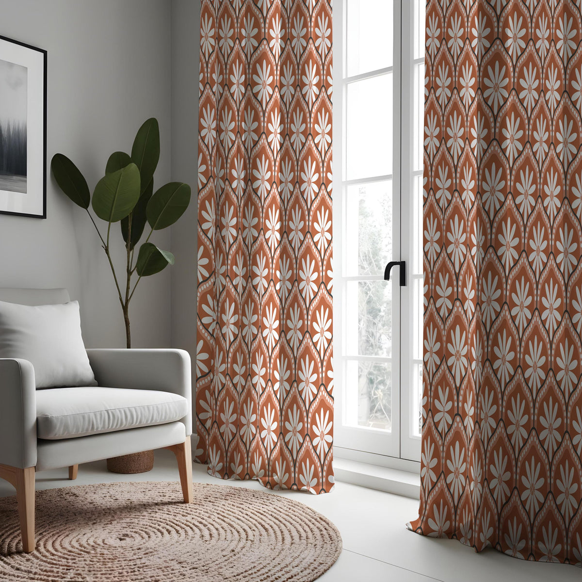 Retro Orange Daisy Curtains, Mid Century Geometric Drapes