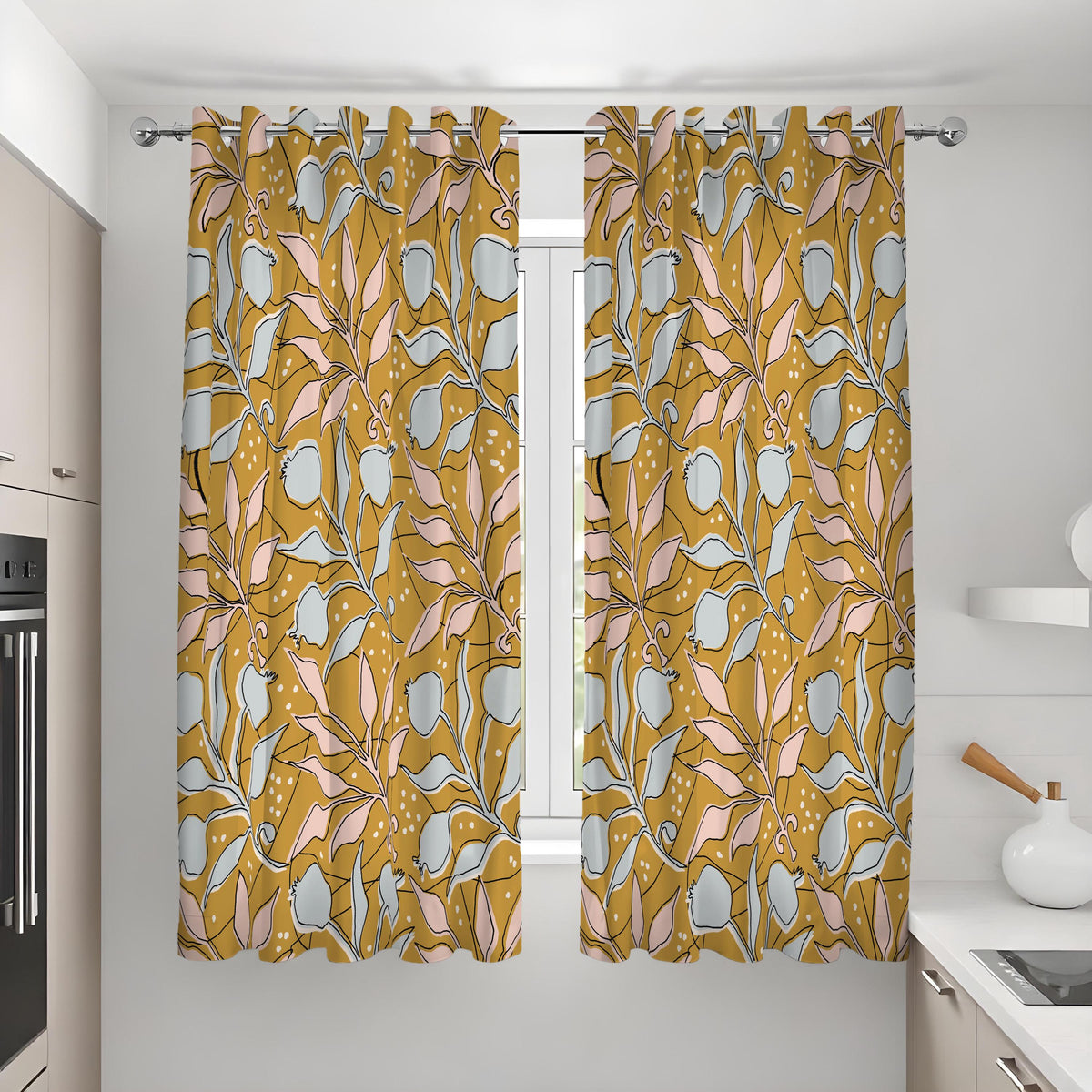 Mustard Botanical Curtains, Retro Mid Century Leaf Drapes