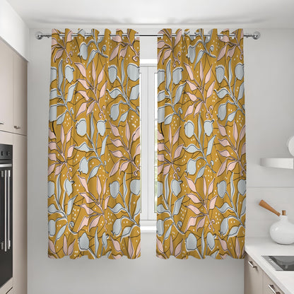 Mustard Botanical Curtains, Retro Mid Century Leaf Drapes