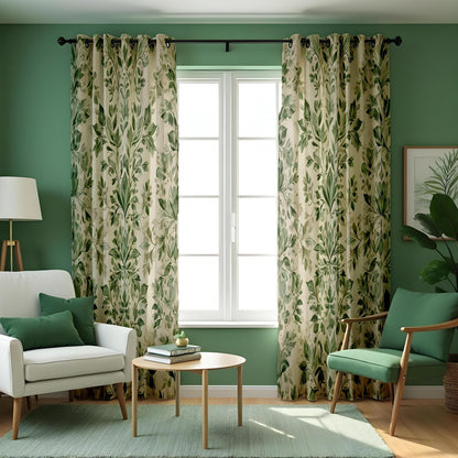 Green Leaf Curtains, Soft Botanical Custom Size Drapes