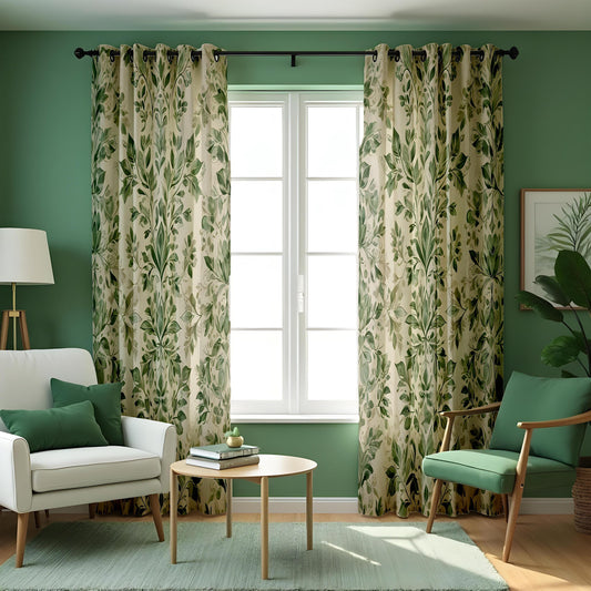 Green Leaf Curtains, Soft Botanical Custom Size Drapes