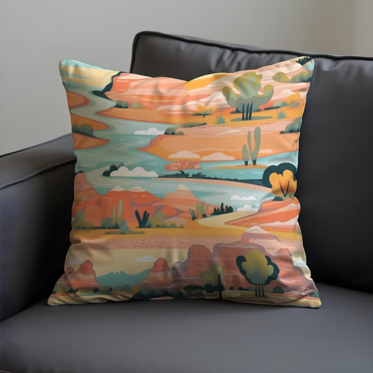Desert Landscape Cushion Cover, Colorful Canyon River Pillow Case