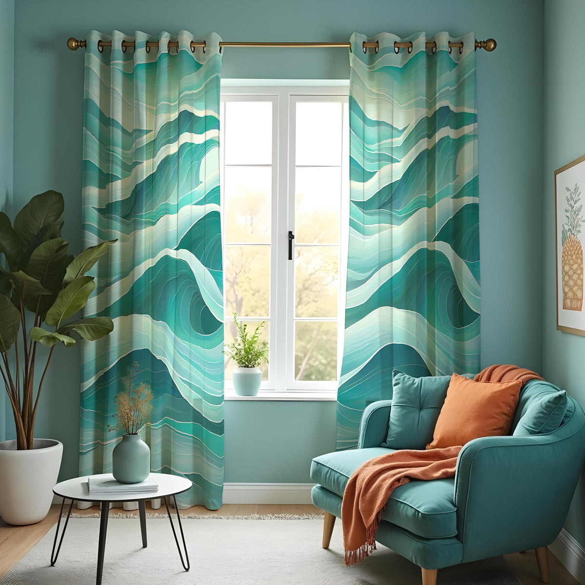 Teal Ocean Wave Curtains, Aqua Blue Coastal Abstract Drapes