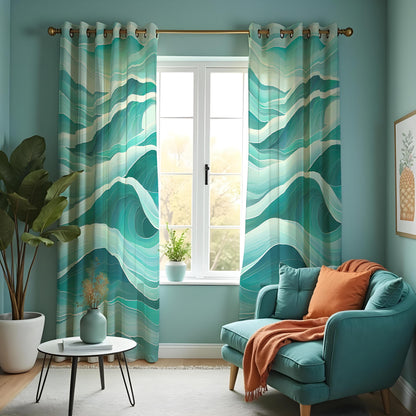Teal Ocean Wave Curtains, Aqua Blue Coastal Abstract Drapes