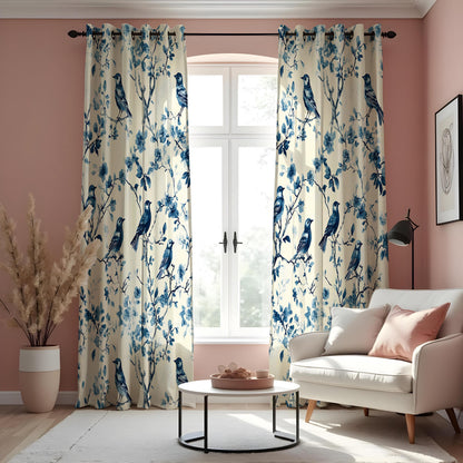 Blue Bird Chinoiserie Curtains, Bird & Branch Drapes