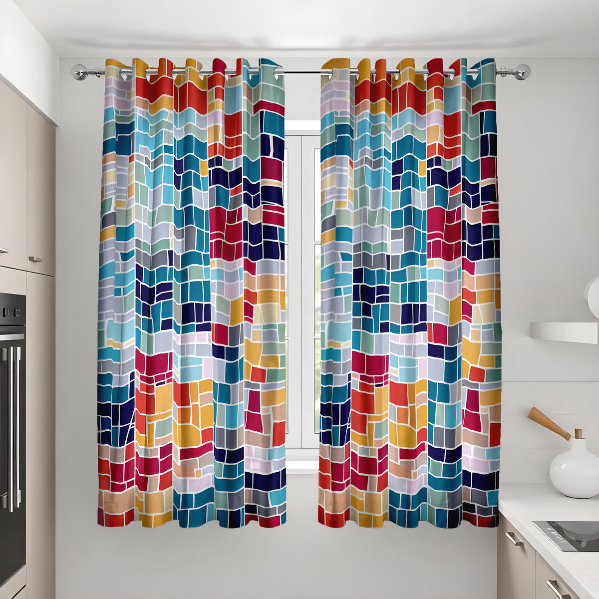 Colorful Grid Curtains, Art Deco Geometric Window Drapes