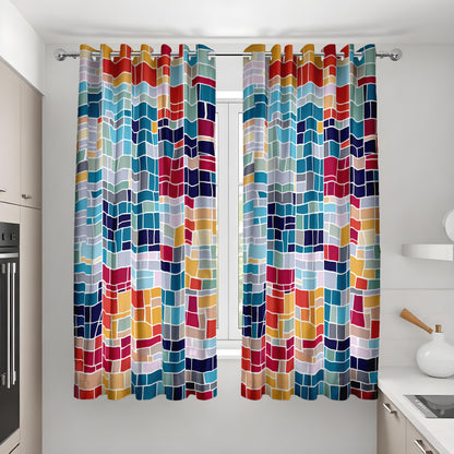 Colorful Grid Curtains, Art Deco Geometric Window Drapes